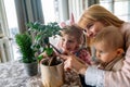 Cute children helping her mother to care for plants. Mom and her kids engaging in gardening at home.