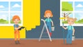 Cute Children Painters Painting Wall, Smiling Little Builders Making Professional Job Vector Illustration Royalty Free Stock Photo