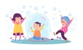 Cute children playing outdoor with soap bubbles, flat vector illustration isolated on white background. Royalty Free Stock Photo