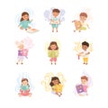 Cute Children Reading Open Books and Dreaming Vector Set