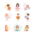 Cute Children Reading Open Books and Dreaming Vector Set