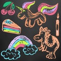 Cute children`s drawing. Colored wax crayons. Icons, signs, symbols, pins Royalty Free Stock Photo