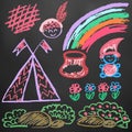 Cute children`s drawing. Colored wax crayons. Icons, signs, symbols, pins