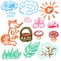 Cute children`s drawing. Colored wax crayons. Icons, signs, symbols, pins Royalty Free Stock Photo