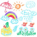 Cute children`s drawing. Colored wax crayons. Icons, signs, symbols, pins Royalty Free Stock Photo