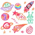 Cute children`s drawing. Colored wax crayons. Icons, signs, symbols, pins Royalty Free Stock Photo