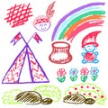 Cute children`s drawing. Colored wax crayons. Icons, signs, symbols, pins