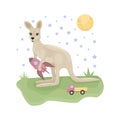 Cute children s illustration. A cheerful kangaroo sits on a green lawn with toys and a rocket in its paws, as well as with the