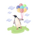 Cute children s illustration with the image of a cute penguin walking on green grass and holding colorful balloons Royalty Free Stock Photo
