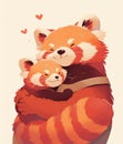 Cute children\'s illustration of a Red panda in an apron hugging her babies Red panda