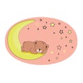 Cute children's postcard. A small teddy bear sleeps on the moon, in a pink sky, in the form of an ellipse with stars. Royalty Free Stock Photo