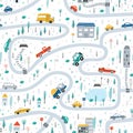 Cute children`s seamless pattern with cars, road, Park, houses on a white background. Illustration of a town in a