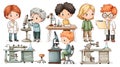 Cute Children Scientists Performing Experiments in a Whimsical Watercolor Illustration Royalty Free Stock Photo