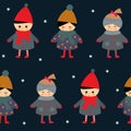 Cute children seamless pattern on dark background.