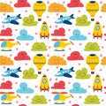 Cute children seamless pattern with plane, helicopter