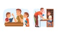 Cute children studying with parents at home together set. Fathers helping sons with homework cartoon vector illustration