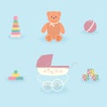 Cute children toys for girls in soft pink colours.Funny Teddy bear,pyramid,ball,block Builder, baby stroller and cubes on light Royalty Free Stock Photo