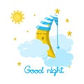 Cute children is vector illustration with sleeping moon in a night striped cap among clouds, stars and sun. Royalty Free Stock Photo