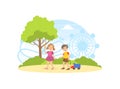 Cute Children Walking and Playing in the Park, Summer Landscape with Carousels and Ferris Wheel Vector Illustration Royalty Free Stock Photo