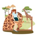 Cute children walking in safari park. Happy girl spending the day visiting Zoo and looks at the giraffes . For African