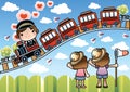 cute children waving at train on tracks. Vector illustration decorative design