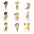 Cute Children Working on Farm Set, Boys and Girls Farmers Characters with Gardening Tools Cartoon Style Vector Royalty Free Stock Photo