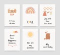 Cute children's posters in boho style, with a rainbow, the sun, a shelf with toys, and children's clothes