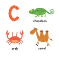 Cute children zoo alphabet C letter tracing of funny animal cartoon for kids learning English vocabulary.