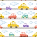 Cute childrens background. Baby cars, traffic lights and road signs on a white background.