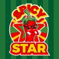 cute chili icon folding hands coolly with a star background on it and writing that says spicy star