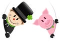 Chimney Sweep And Pig Looking Inside Round Banner Royalty Free Stock Photo