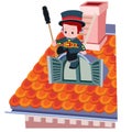 Cute chimney sweep sitting on red tile roof, cartoon illustration, isolated object on white background, vector Royalty Free Stock Photo