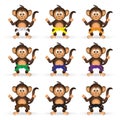 Cute chimpanzee set with karate training color belts little monkey eps10