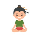 Cute Chinese chibi boy doing yoga, isolated on white background. Cartoon flat style