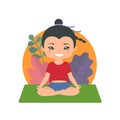 Cute Chinese chibi boy doing yoga, isolated on white background. Cartoon flat style