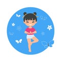 Cute Chinese chibi girl doing yoga on blue background. Cartoon flat style