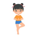 Cute Chinese chibi girl doing yoga, isolated on white background. Cartoon flat style