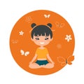 Cute Chinese chibi girl doing yoga on orange background. Cartoon flat style