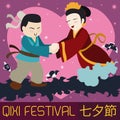 Cute Chinese Couple Celebrating Qixi Festival, Vector Illustration Royalty Free Stock Photo