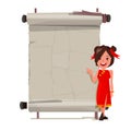 Cute Chinese female with old vintage paper to presentation. asian concept - vector illustration