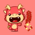 Cute Chinese New Year Dragon Zodiac Cartoon Character Holding Playing Fire Crackers