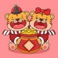 Cute Chinese New Year Tiger Couple Holding Gold Money Pot