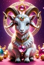 Cute chinese zodiac of goat, with crystal ball and decorated by various jewelry ornaments, pink bacground, wallpaper, horoscope