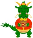 Cute chinese zodiac green dragon holding a bag of gold coins Royalty Free Stock Photo