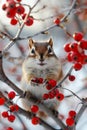 Cute Chipmunk Clutching Red Berries in Snowy Tree Branches During Winter Season