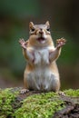A cute chipmunk sits on a mossy log, with its paws outstretched and a surprised expression on its face Royalty Free Stock Photo