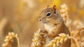 A cute chipmunk stands upright on a stalk of wheat, with its head turned to the side and a curious expression on its face. The Royalty Free Stock Photo