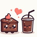 Cute chocolate cake and chocolate smoothie with hearts, sweet kawaii Vector illustration, generative ai