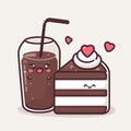 Cute chocolate shake with chocolate cake, hearts, and whipped cream, kawaii vector illustration, generative ai