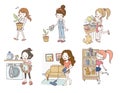 Cute Chore Girls Sticker Set with Planting, Gardening, Dish Washing, Doing Laundry, Vacuuming, Dusting.